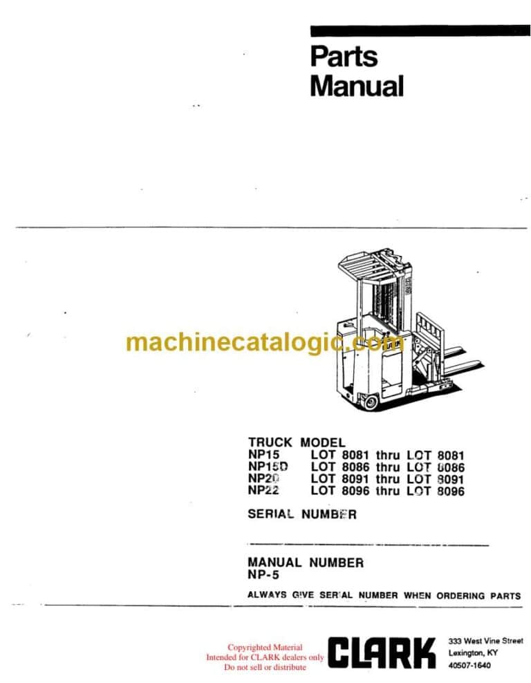Clark NP15, NP15D, NP20, NP22 Reach Truck Parts Manual (NP-5)
