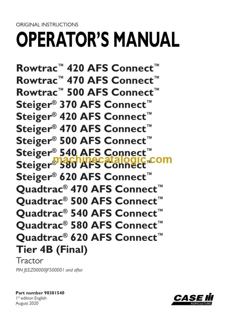 Case Rowtrac 420, 470, 500 AFS Connect, Steiger 370, 420, 470, 500, 540, 580, 620 AFS Connect, Quadtrac 470, 500, 540, 580, 620 AFS Connect, Tier 4B Final Tractor Operator Manual (90381540)