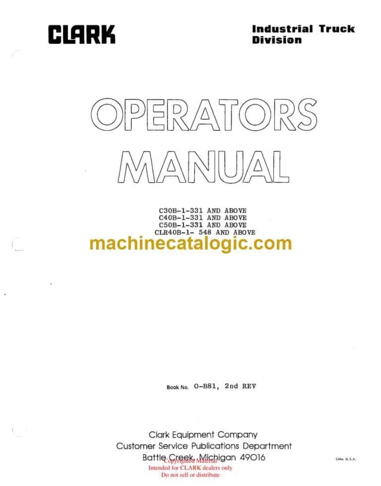Clark C30B-1-331, C40B-1-331, C50B-1-331, CLR40B-1-548 Forklift Operators Manual (O-B81)