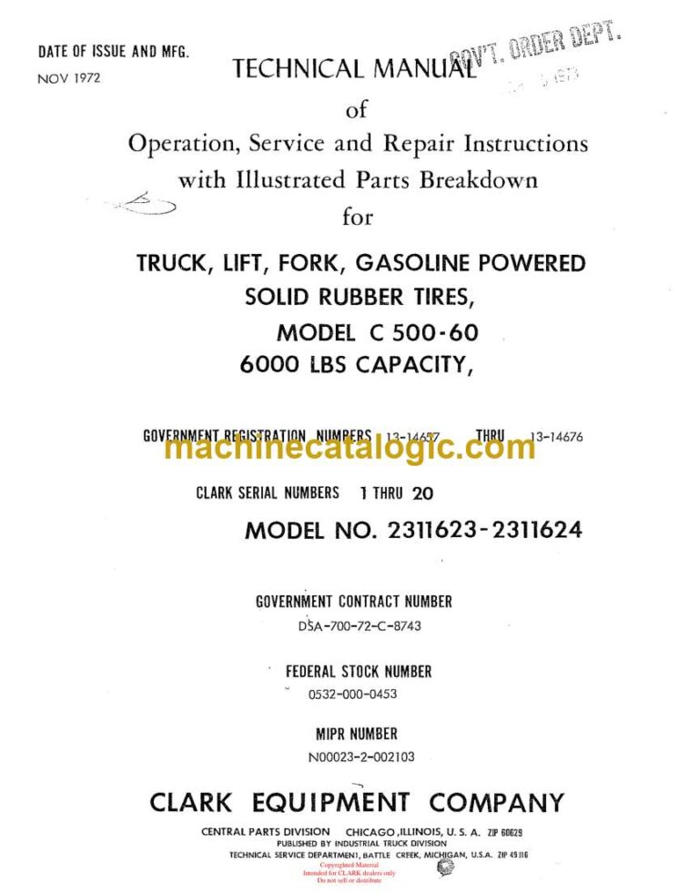 Clark C500-60 Truck, Lift, Fork, Gasoline Powered Solid Rubber Tires Technical Manual (2311623-24)