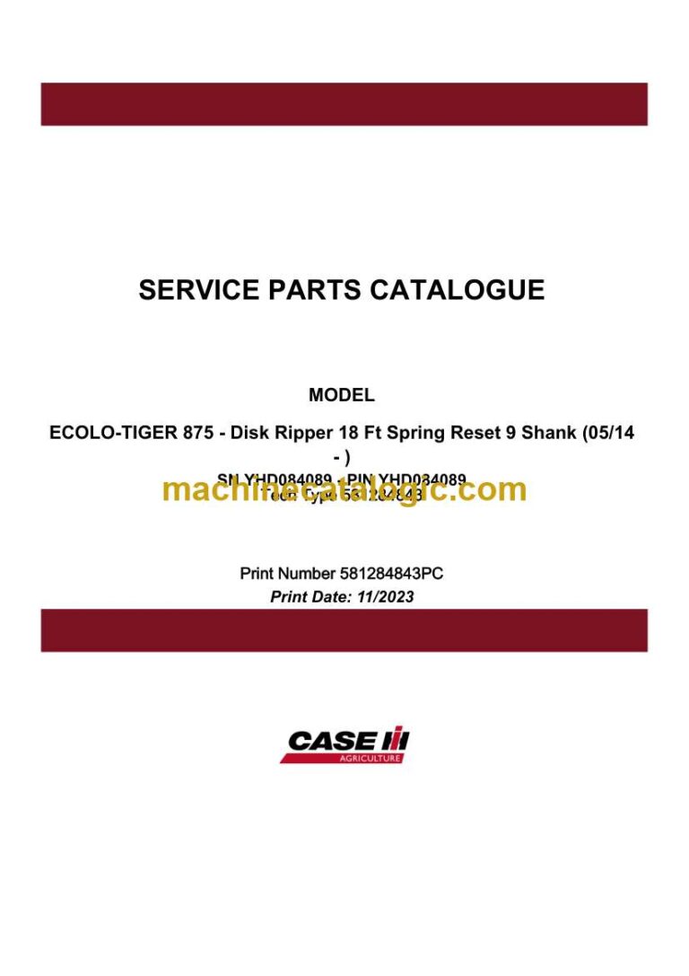 Case Ecolo-Tiger 875 Disk Ripper 18 Ft Spring Reset 9 Shank Service Parts Catalogue