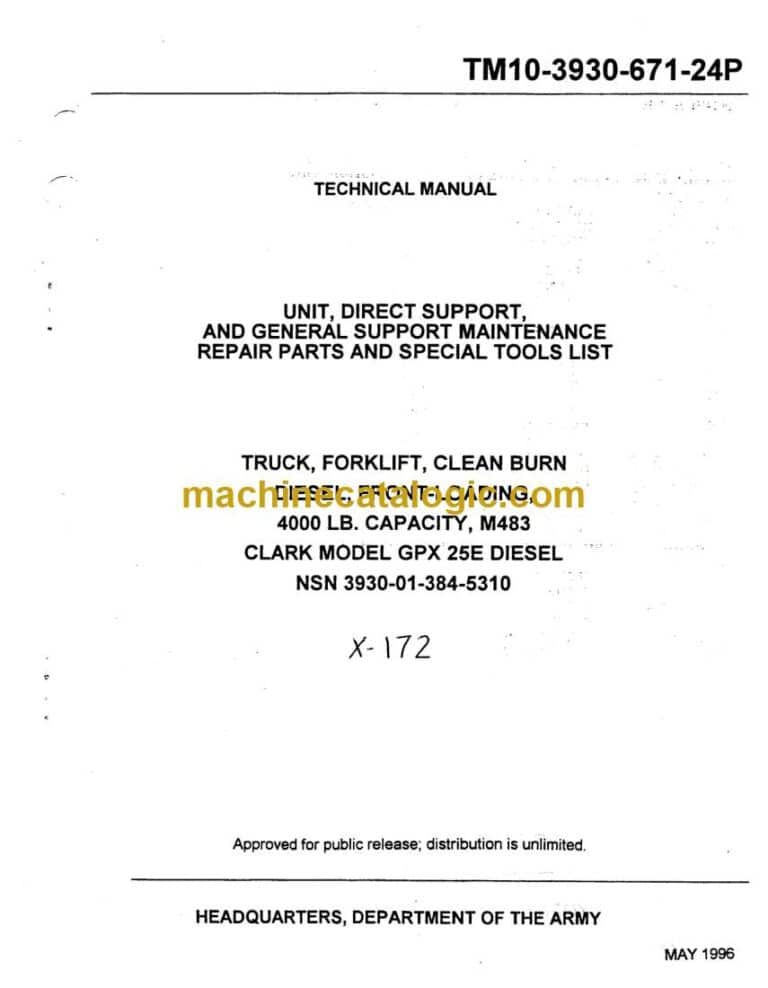 Clark GPX25E Diesel Truck, Forklift, Clean Burn Diesel, Front-Loading Technical Manual (X-172)