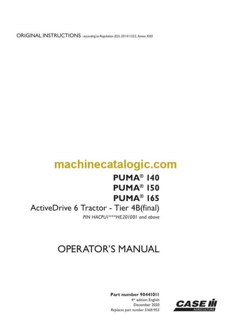 Case Puma 140, 150, 165 Tier 4B Final ActiveDrive 6 Tractor Operator Manual