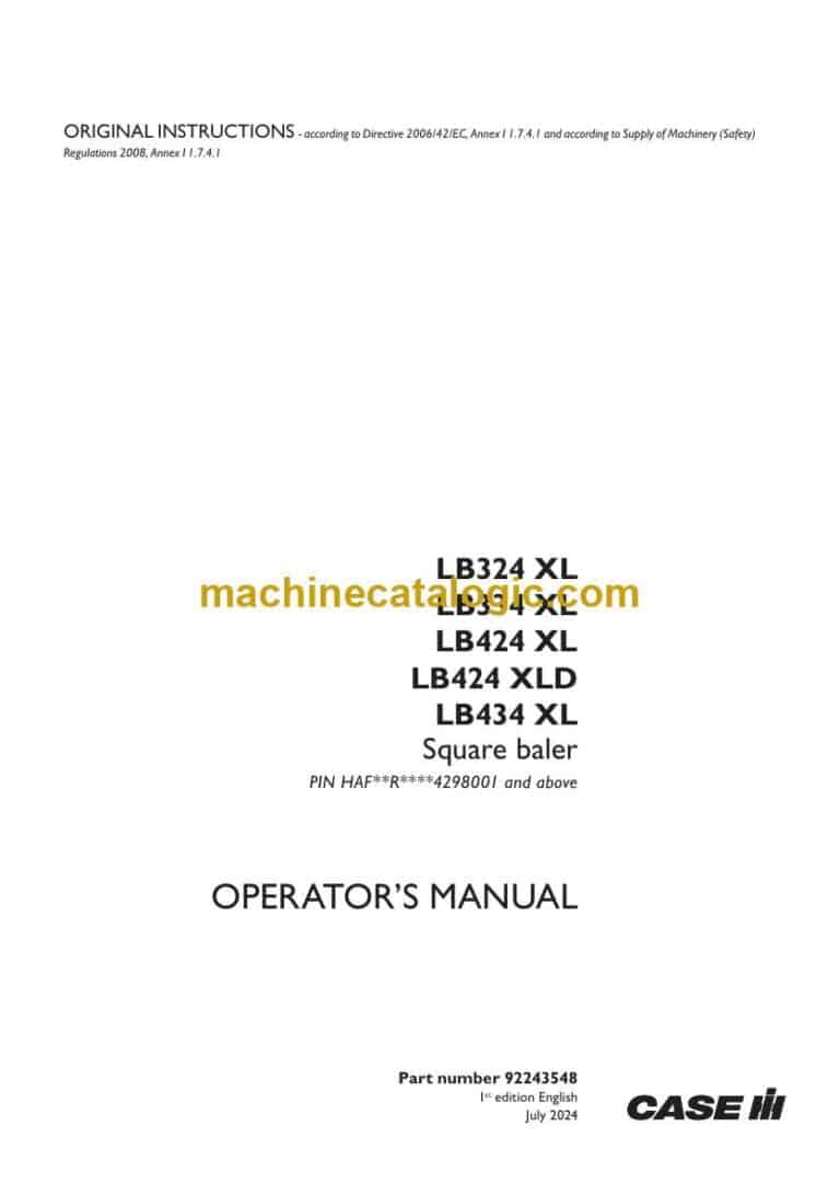 Case LB324XL, LB334XL, LB424XL, LB424XLD, LB434XL Square Baler Operator Manual
