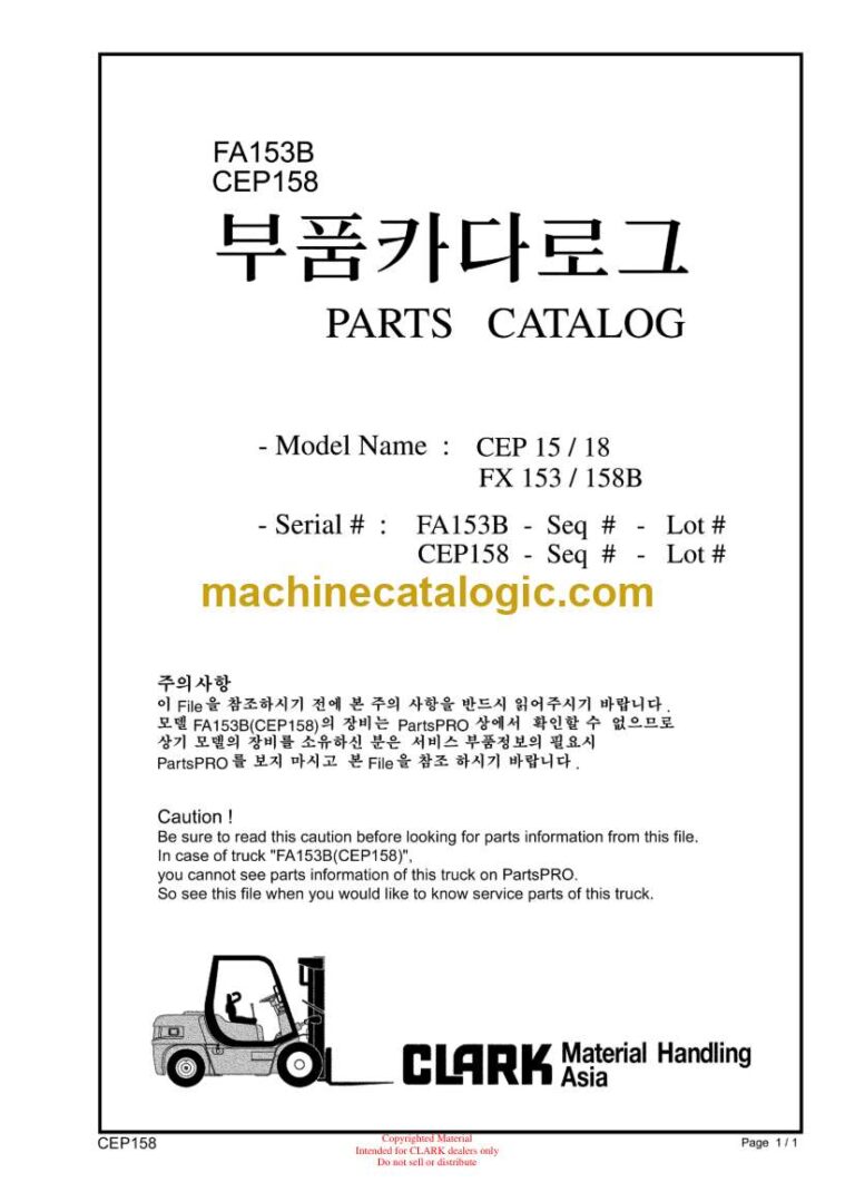Clark CEP15, CEP18, FX153, FX158B Forklift Parts Manual (CEP158)