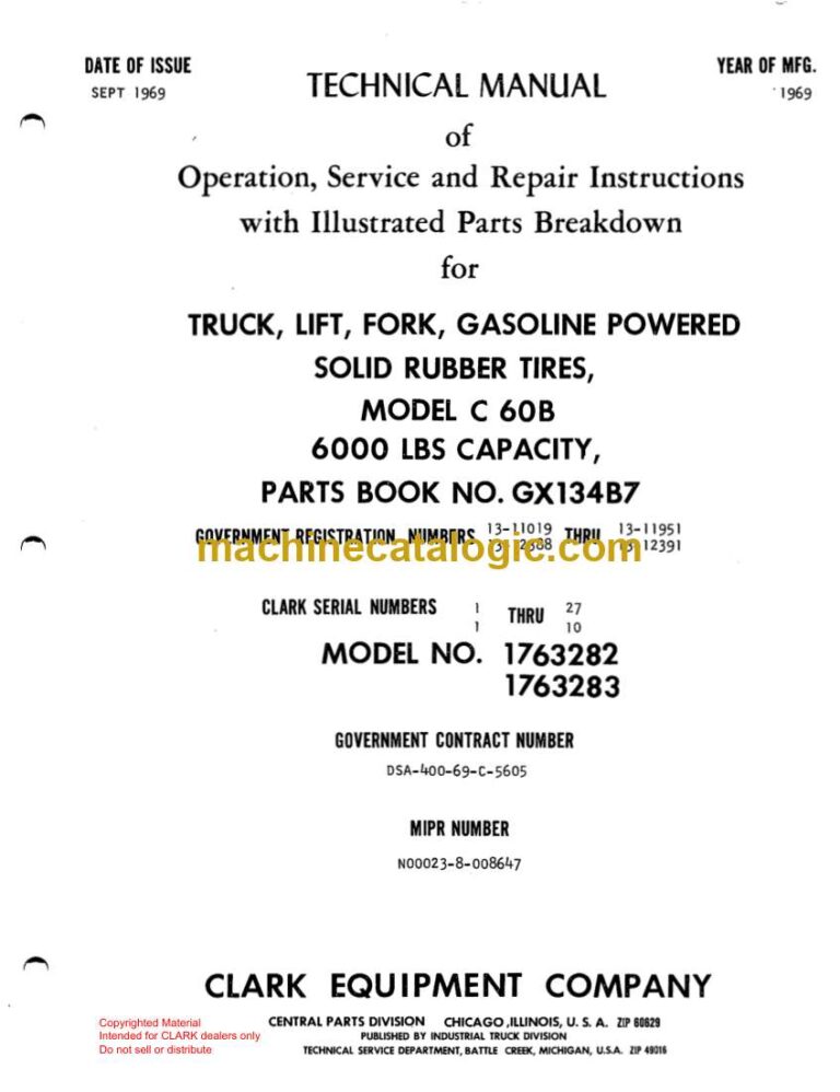 Clark Model C60B Truck, Lift, Fork, Gasoline Powered Solid Rubber Tires Parts Manual (GX134B7)