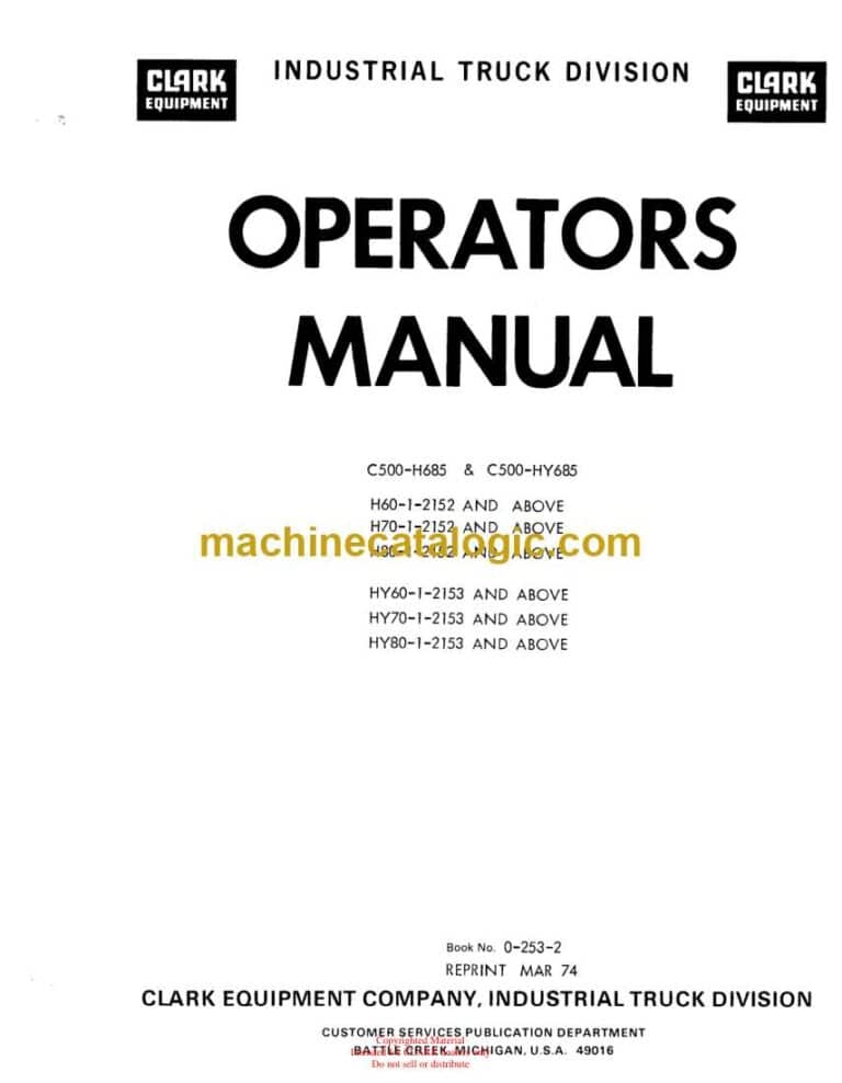 Clark C500-H685, C500-HY685 Forklift Operators Manual (O-253-2)