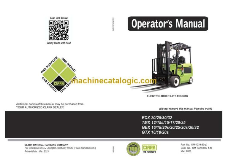 Clark ECX20, 25, 30, 32, TMX12, 15s, 15, 17, 20, 25, GEX16, 18, 20s, 20, 25, 30s, 30, 32, GTX16, 18, 20s Operators Manual (OM-1039)