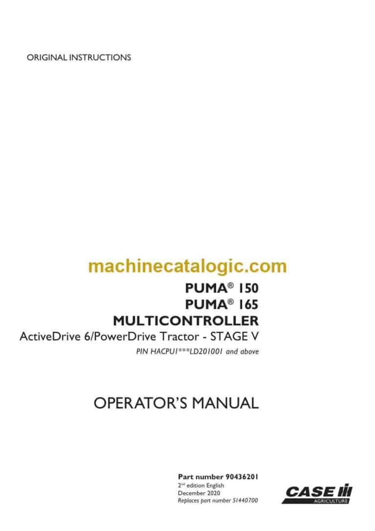 Case Puma 150, 165 Multicontroller Stage 5 ActiveDrive 6 PowerDrive Tractor Operator Manual