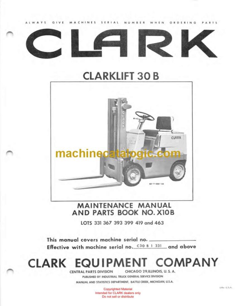 Clark Clarklift 30B Forklift Parts Manual (X10B)