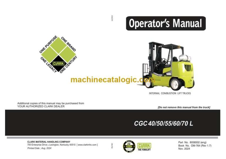 Clark CGC40, CGC50, CGC55, CGC60, CGC70 L Forklift Operators Manual (OM-764)