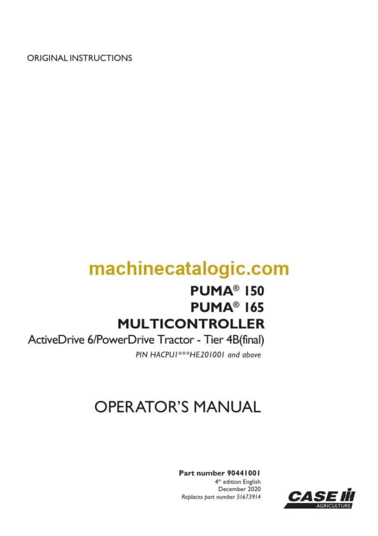 Case Puma 150, 165 Multicontroller Tier 4B Final ActiveDrive 6 PowerDrive Tractor Operator Manual