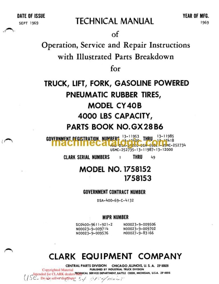 Clark CY40B Truck, Lift, Fork, Gasoline Powered Pneumatic Rubber Tires Technical Manual (GX28B6)