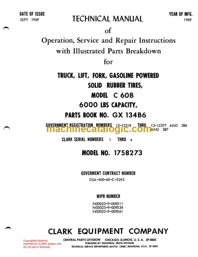Clark C60B Truck, Lift, Fork, Gasoline Powered Solid Rubber Tires Technical Manual (GX134B6)