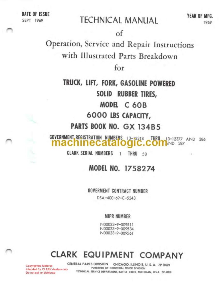 Clark C60B Truck, Lift, Fork, Gasoline Powered Solid Rubber Tires Technical Manual (GX134B5)