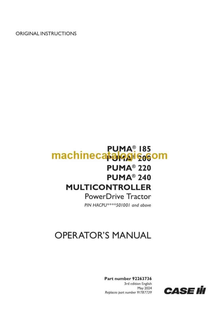 Case Puma 185, 200, 220, 240 Multicontrolller PowerDrive Tractor Operator Manual