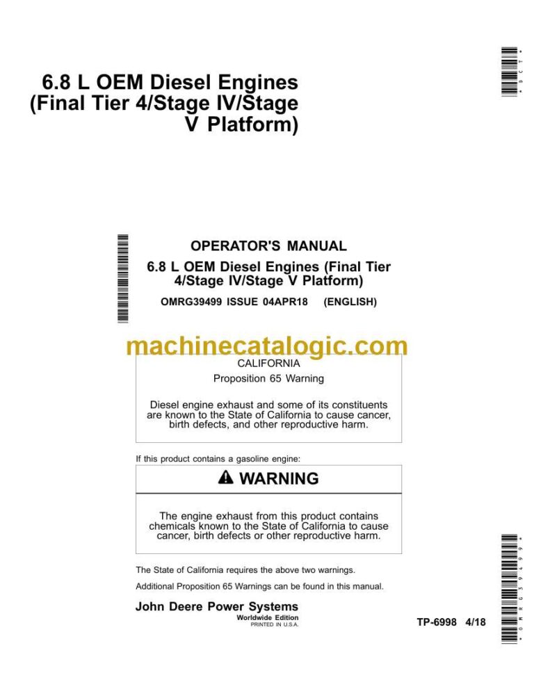 John Deere 6.8 L OEM Diesel Engines Final Tier 4, Stage IV,Stage V Platform Operators Manual (OMRG39499)