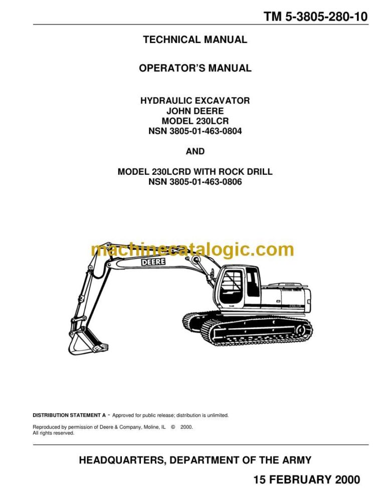 John Deere 230LCR Hydraulic Excavator Operators Manual (TM 5-3805-280-10)