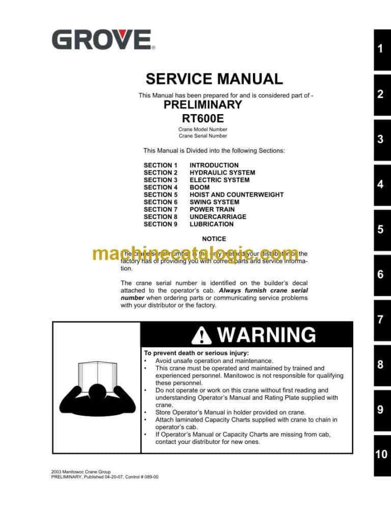 Grove RT600E Preliminary Crane Service Manual