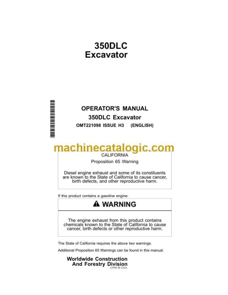 John Deere 350DLC Excavator Operators Manual (OMT221098)