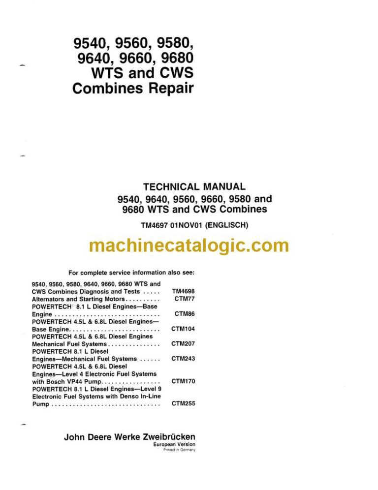John Deere 9540, 9640, 9560, 9660, 9580 and 9680 WTS and CWS Combines Repair Technical Manual (TM4697)