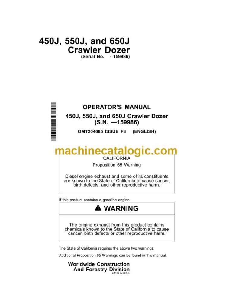 John Deere 450J, 550J, 650J Crawler Dozer Operators Manual (OMT204685)