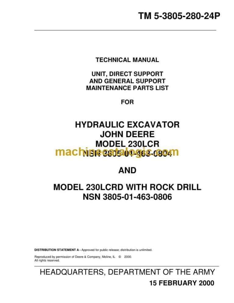John Deere Excavator 230LCR Hydraulic Excavator Maintenance Repair Parts List Technical Manual (TM 5-3805-280-24P)