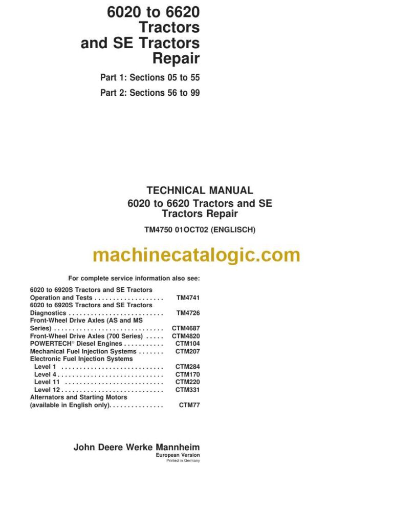 John Deere 6020 to 6620 Tractors and SE Tractors Repair Technical Manual (TM4750)