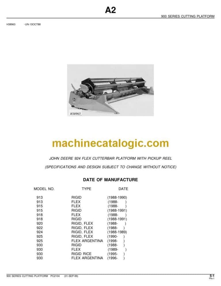 John Deere 924 Flex Cutterbar Platform With Pickup Reel Parts Catalog (PC2104)