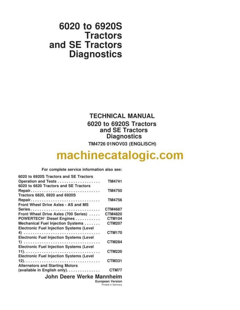John Deere 6020 To 6920S, SE Tractors Diagnostics Technical Manual (TM4726)