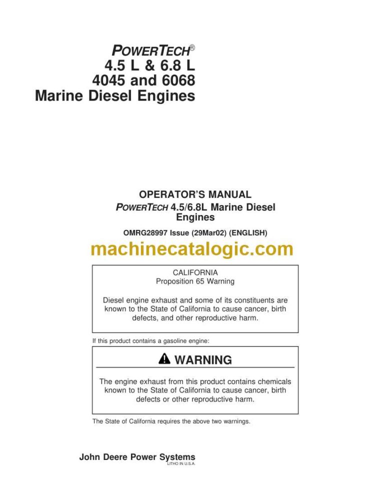 John Deere Powertech 4.5L & 6.8L 4045, 6068 Marine Diesel Engines Operators Manual (OMRG28997)