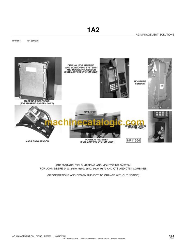 John Deere 9400, 9410, 9500, 9510, 9600, 9610 and CTS, CTS II Combines GreenStar Yield Mapping and Monitoring System (PC2799)