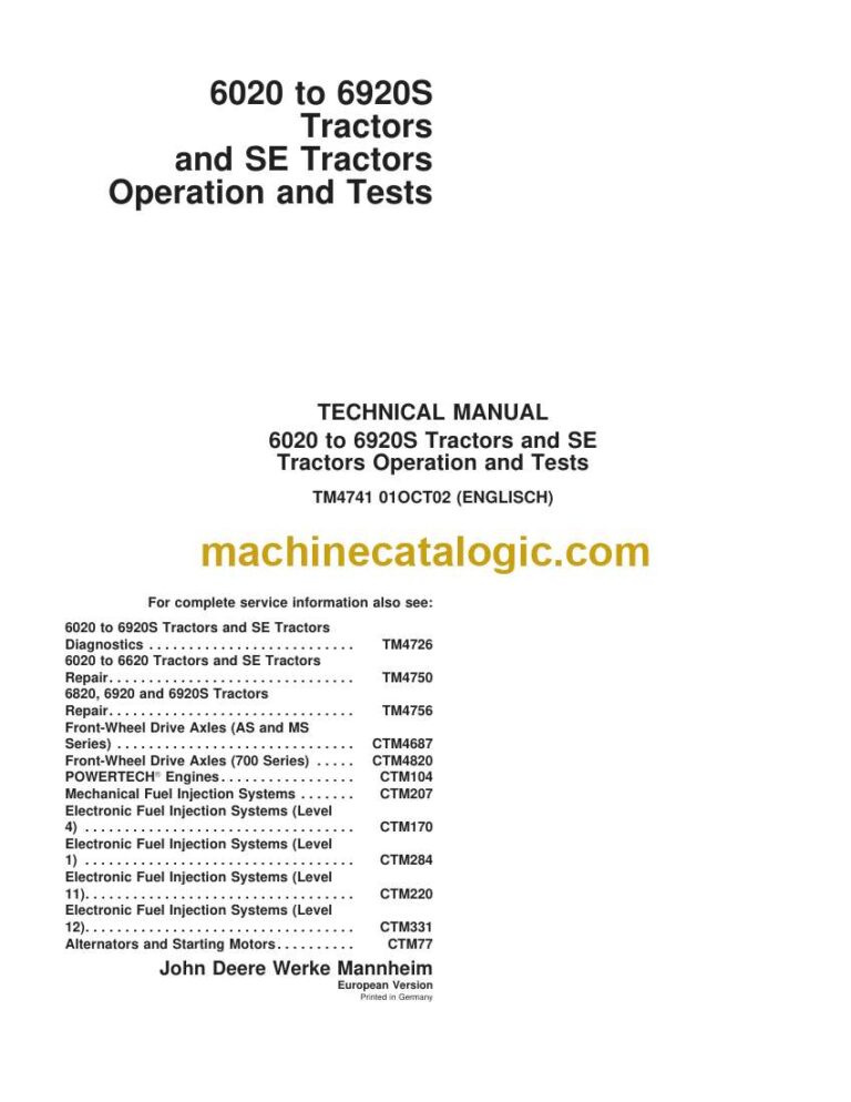 John Deere 6020 to 6920S Tractors and SE Tractors Operation and Tests Technical Manual (TM4741)