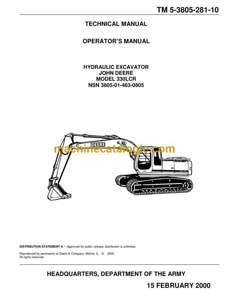 John Deere 330LCR Hydrostatic Excavator Technical Operators Manual (TM 5-3805-281-10)