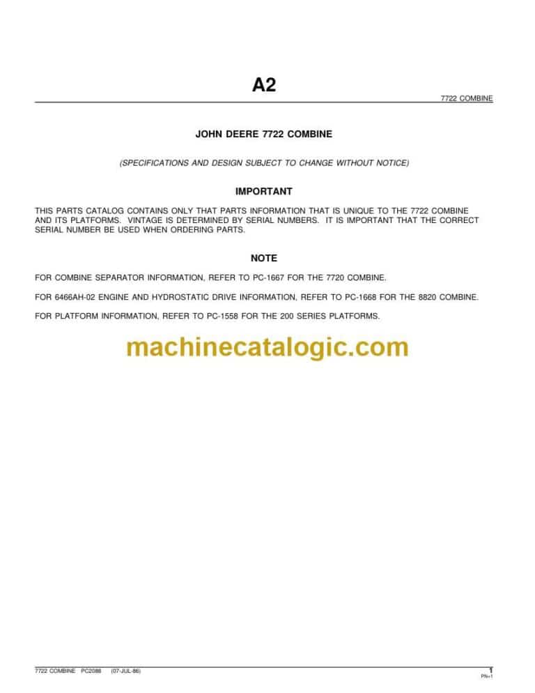 John Deere 7722 Combine Parts Catalog (PC2088)
