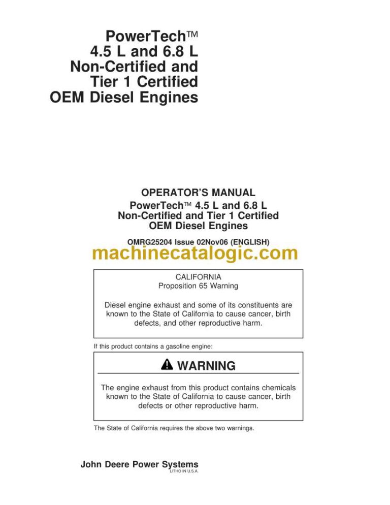 John Deree PowerTech 4.5 L and 6.8 L Non-Certified and Tier 1 Certified OEM Diesel Engines Operators Manual (OMRG25204)