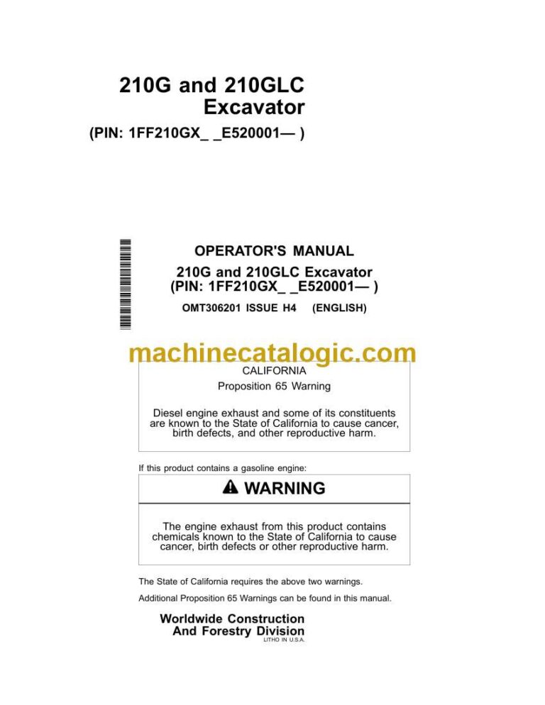John Deere 210G And 210GLC Excavator Operators Manual (OMT306201)