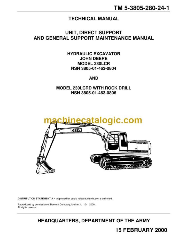 John Deere 230LCR Hydraulic Excavator Technical Manual (TM 5-3805-280-24-1)