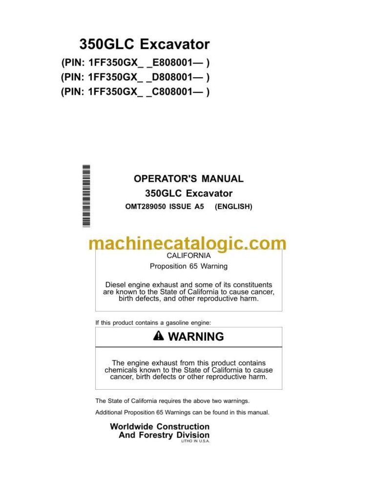 John Deere 350GLC Excavator Operators Manual (OMT289050)