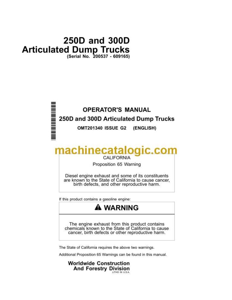 John Deere 250D And 300D Articulated Dump Trucks Operators Manual (OMT201340)