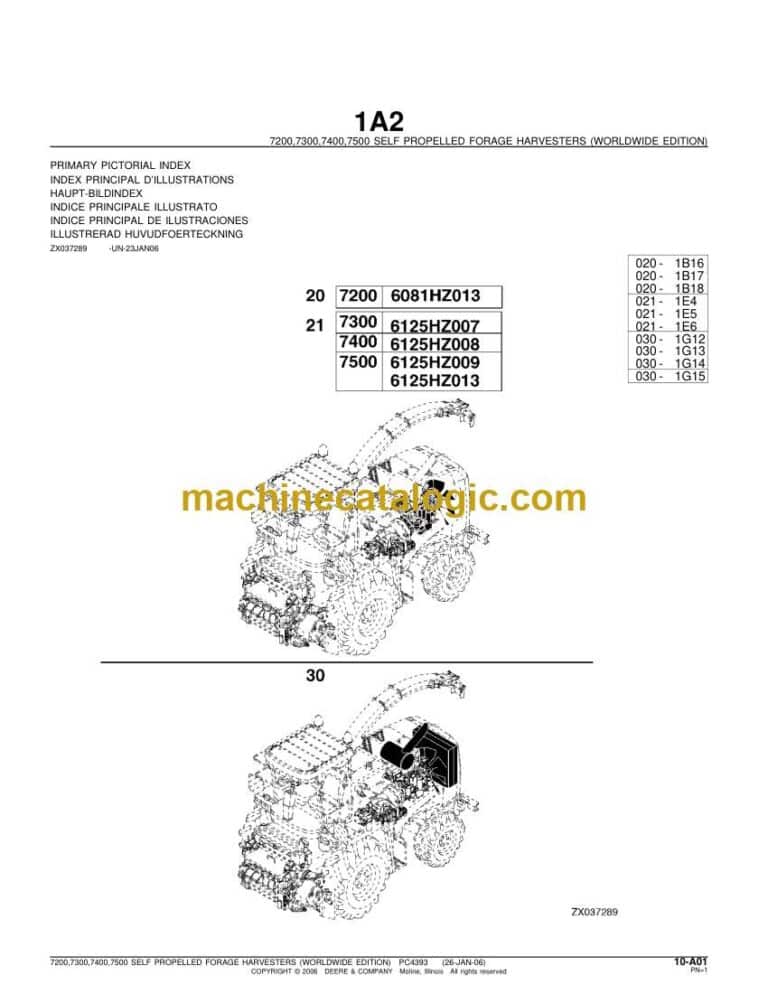John Deere 7200, 7300, 7400, 7500 Self Propelled Forage Harvesters Parts Catalog (PC4393)