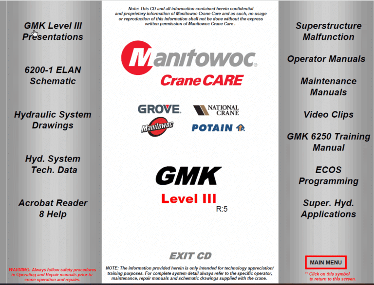 Grove GMK5100, GMK5180, GMK6200-1 Crane Maintenance, Operator, Schematic Manual, Technical Training
