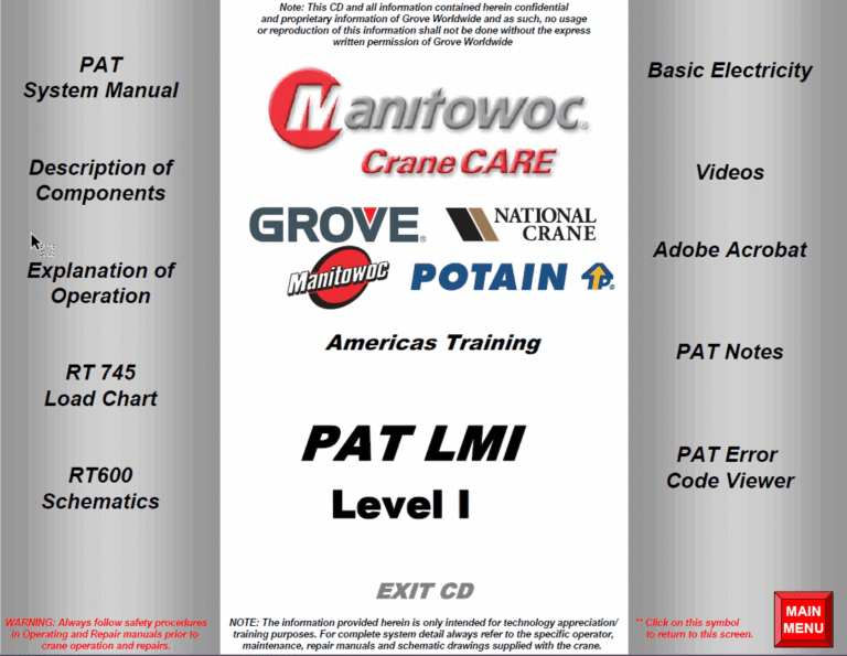 Grove PAT LMI Level 1 Manuals (RT745 Load Chart, RT600 Schematics, PAT LMI System Manual)
