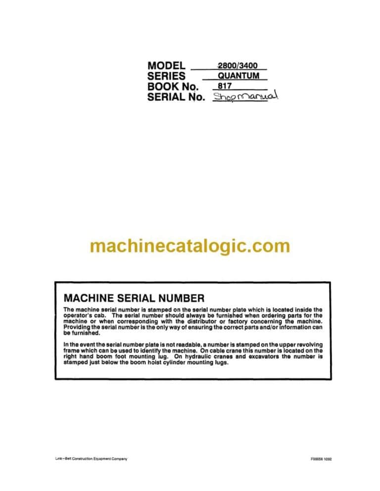 Link Belt 2800Q, 3400Q Quantum Excavator Shop Manual