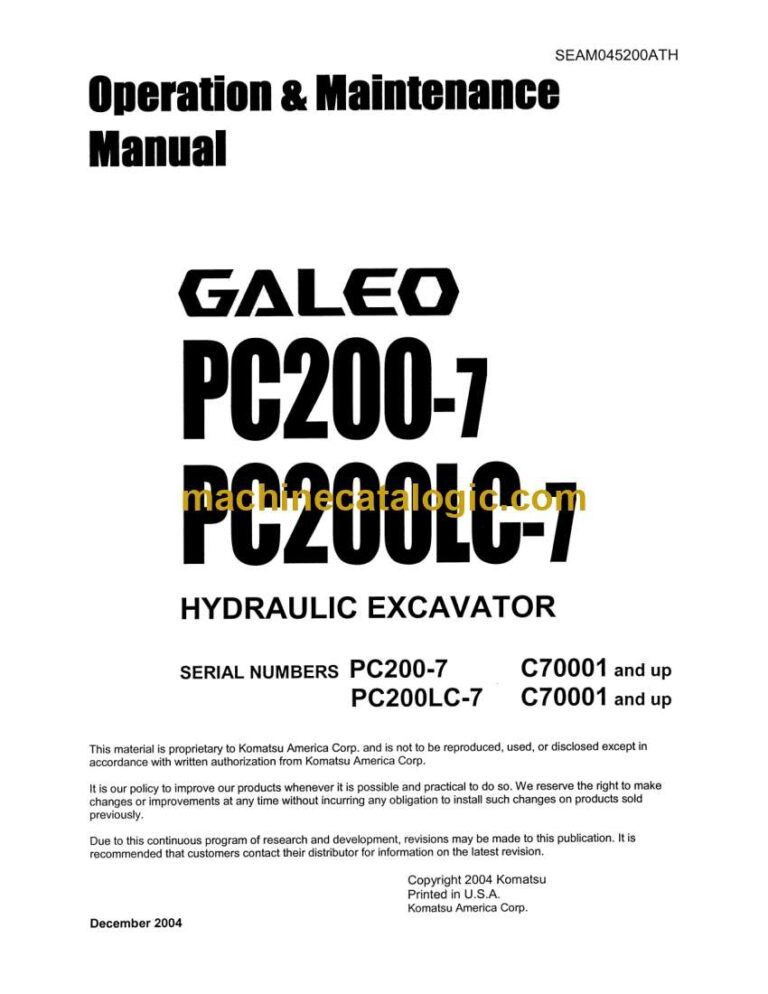 Komatsu PC200-7, PC200LC-7 Hydraulic Excavator Operation and Maintenance Manual (SEAM045200ATH)