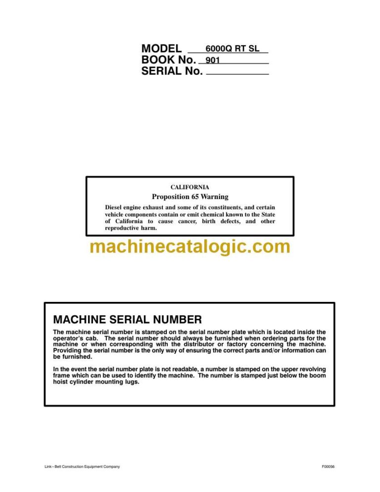Link Belt 6000Q RT SL Quantum Excavator Operators Manual