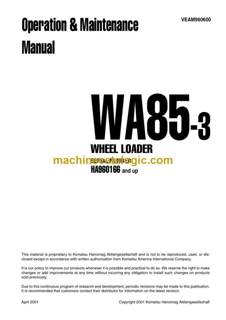 Komatsu WA85-3 Wheel Loader Operation and Maintenance Manual (VEAD960600)