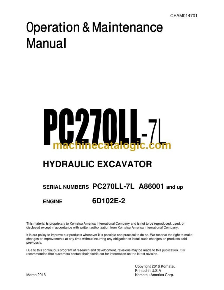 Komatsu PC270LL-7L Hydraulic Excavator Operation and Maintenance Manual (CEAM014701)
