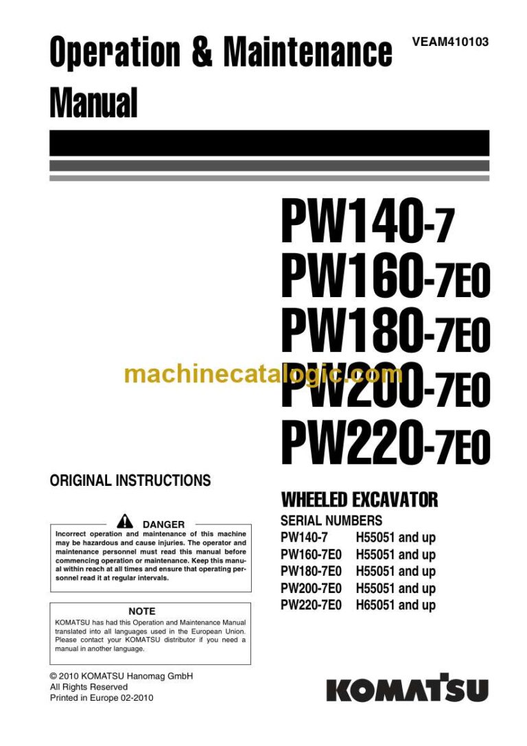 Komatsu PW140-7, PW160-7E0, PW180-7E0, PW200-7E0, PW220-7E0 Wheeled Excavator Operation and Maintenance Manual (VEAM410103)