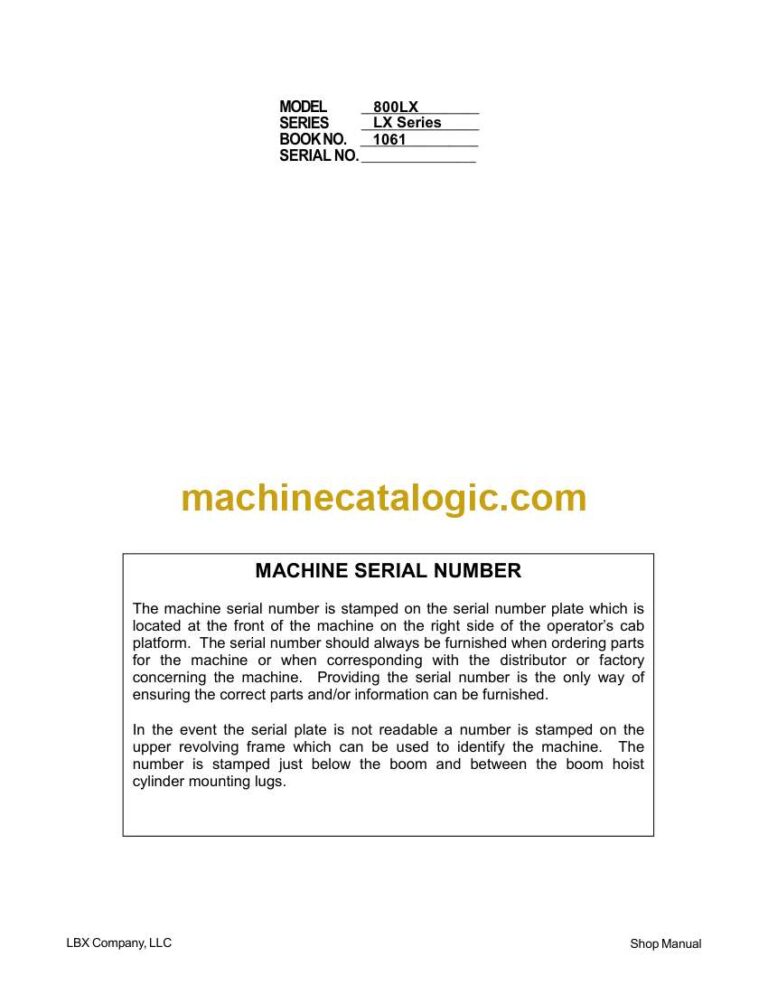 Link Belt 800LX Excavator Shop Manual